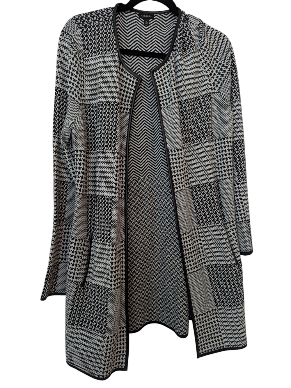 Talbots Black & White Patchwork Knit Open Cardigan With Faux Leather Trim - L